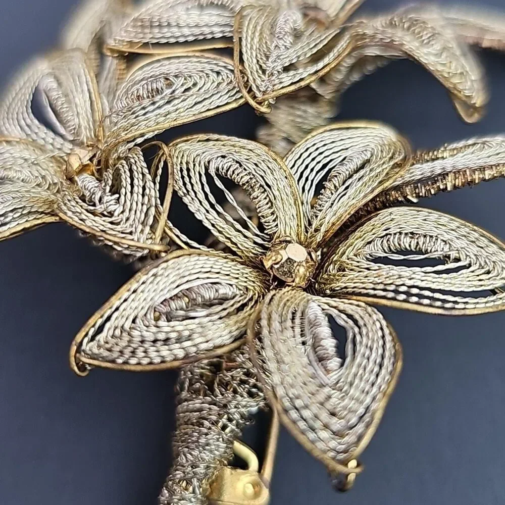 Vintage Wire Work Filigree Floral Brooches Two Different Styles Silver Gold Tone